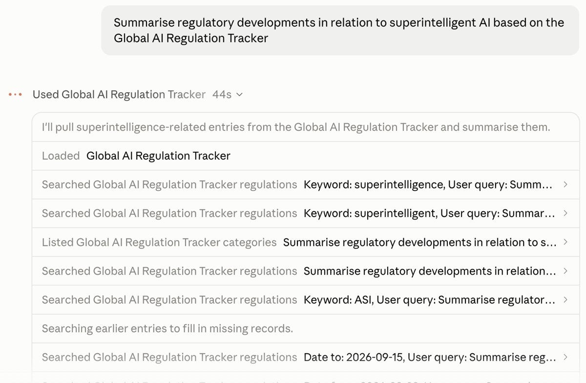 Claude searching the Global AI Regulation Tracker to summarise superintelligence regulation