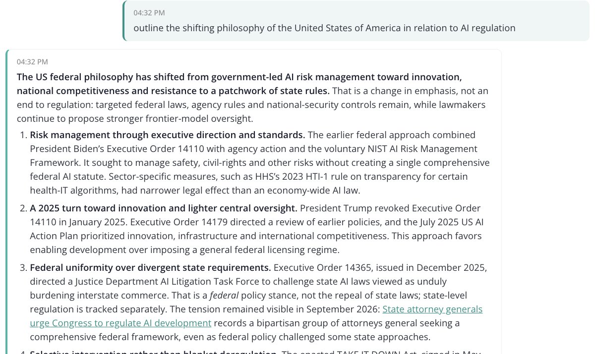 AI search answering a question about the shifting US approach to AI regulation