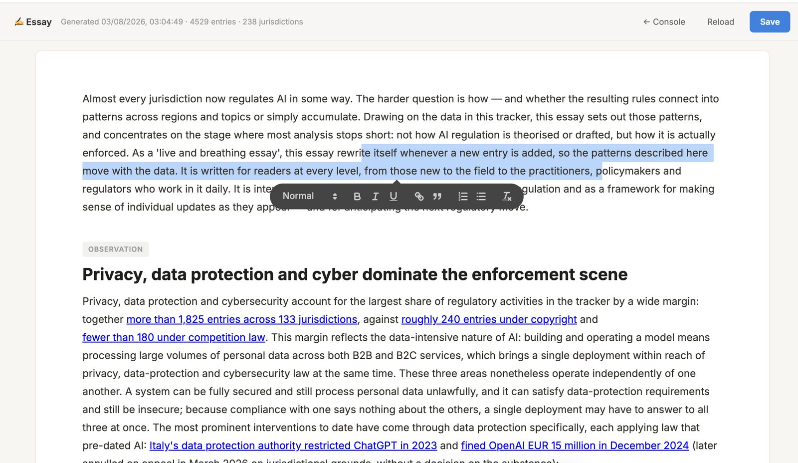 The admin dashboard showing the essay open in an editor, with a
           formatting toolbar over a selected paragraph and a save button in the header