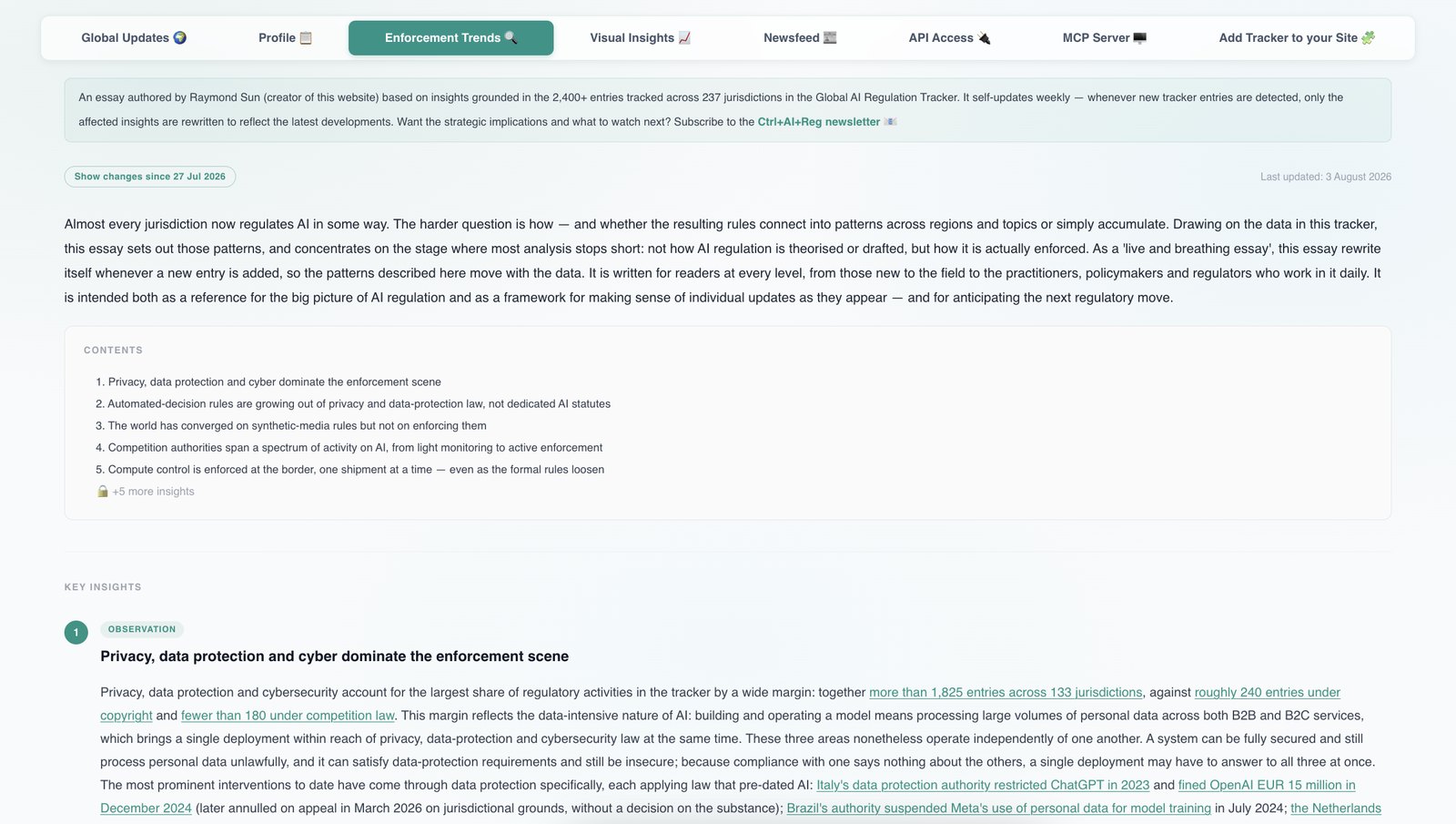 The Enforcement Trends tab of the Global AI Regulation Tracker,
           showing a last updated date and a button to show changes since the previous version