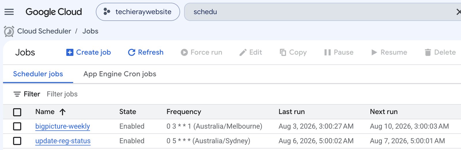 Cloud Scheduler jobs list showing bigpicture-weekly enabled on a
           weekly cron schedule with its last and next run times